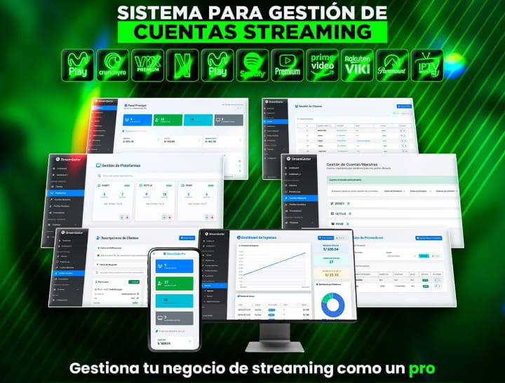 Interfaz del dashboard de StreamGestor en una laptop, mostrando gráficos de ingresos, clientes activos, cuentas maestras y alertas de vencimiento.